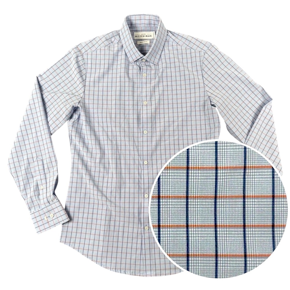 Mizzen+Main Leeward Button Down Shirt Mens Medium Trim Fit Light Blue Plaid
